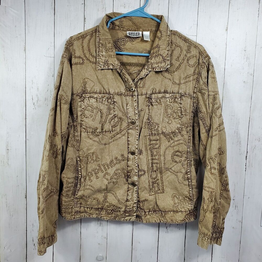 Chico's Design Women's Button Up Jacket Size 3 Long Sleeve Embroidered Tan VTG
